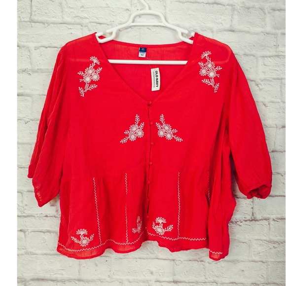 Old Navy Tops - Old Navy Womens Live Coral Embroidered V-Neck Peplum Top XXL Tall -B